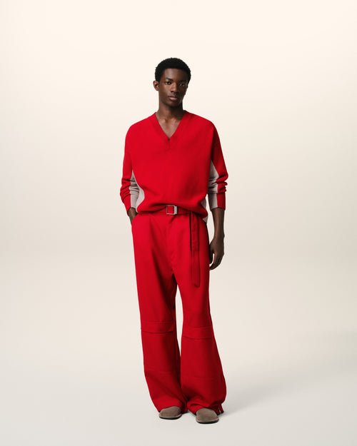 Pull Rouge Bicolore Col V En Maille En Laine - Homme - 2 - AMI Paris - Ami Paris