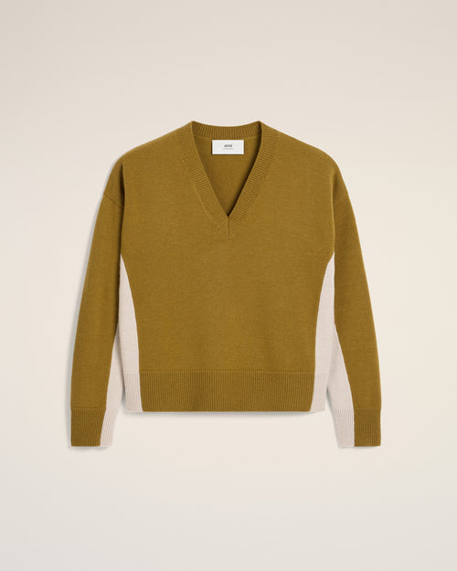 Pull Kaki Bicolore Col V En Maille En Laine - VERT LICHEN/MASTIC - Ami Paris