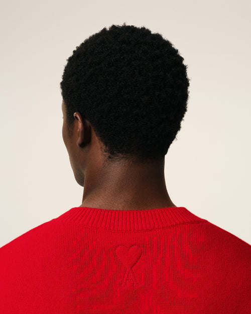 Pull Rouge Bicolore Col V En Maille En Laine - Homme - 4 - AMI Paris - Ami Paris