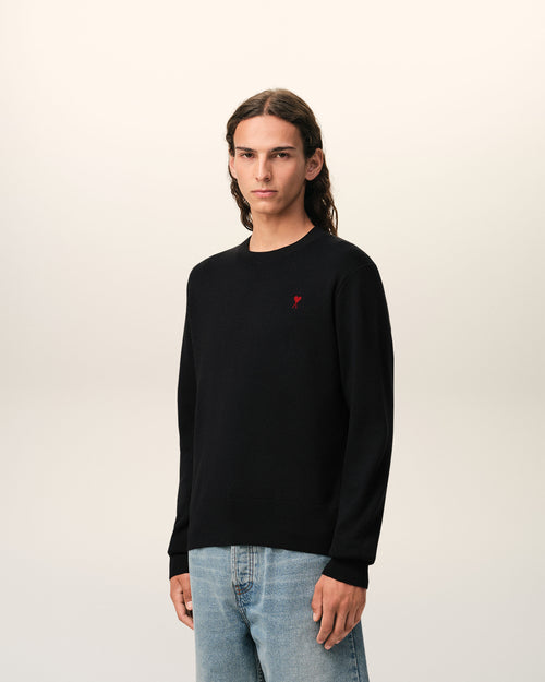 Black Wool Crewneck Sweater With Contrasted Ami De Coeur - Man - 6 - AMI Paris - Ami Paris