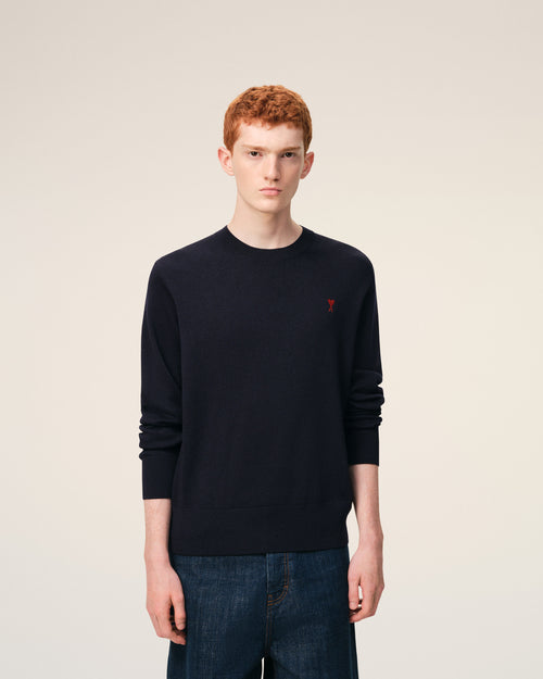 Blue Wool Crewneck Sweater With Contrasted Ami De Coeur - Man - 3 - AMI Paris - Ami Paris