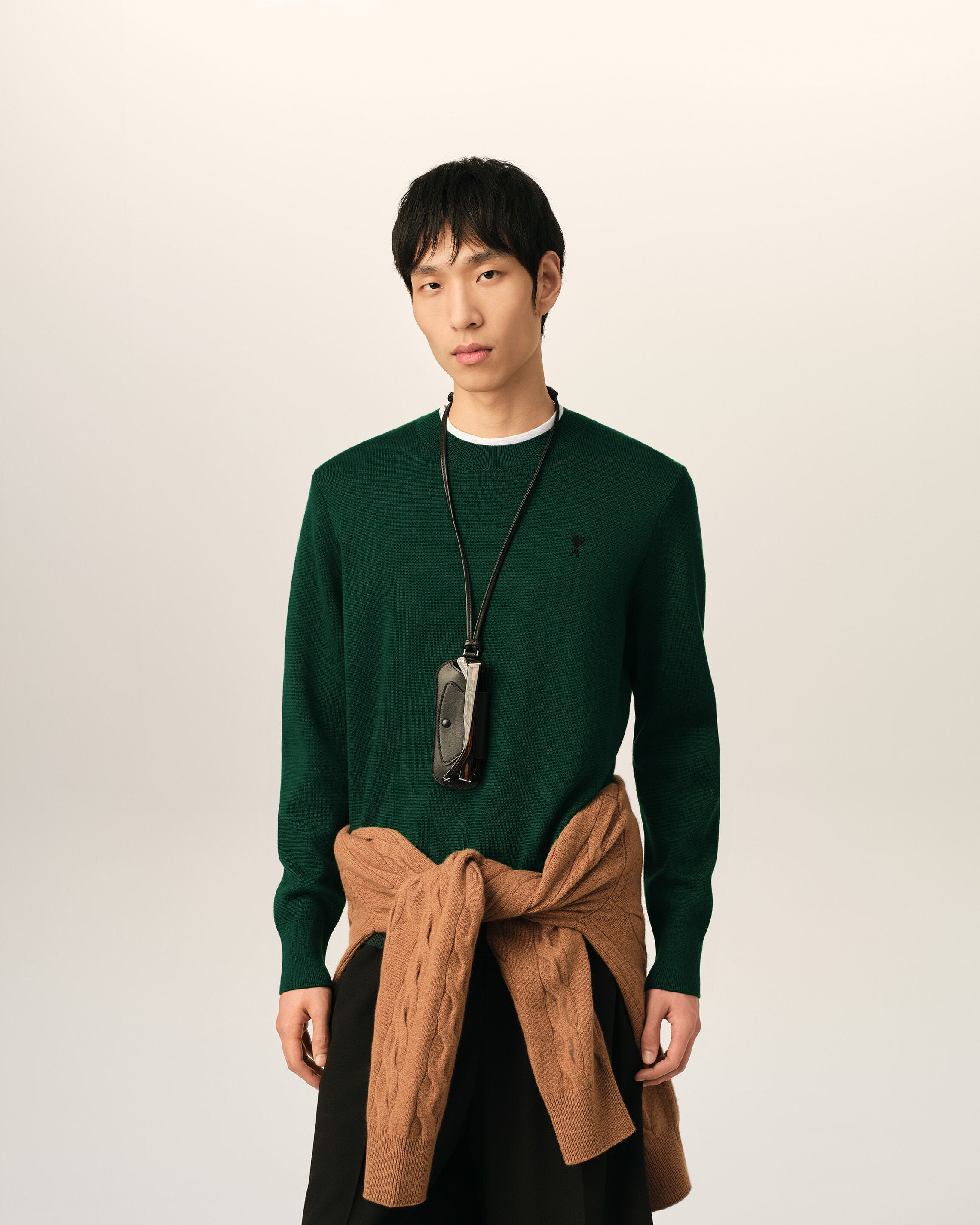 Green crewneck wool sweater with Ami de Coeur - 2