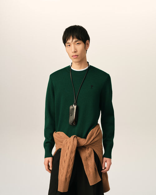 Green crewneck wool sweater with Ami de Coeur - Man - 2 - AMI Paris - Ami Paris