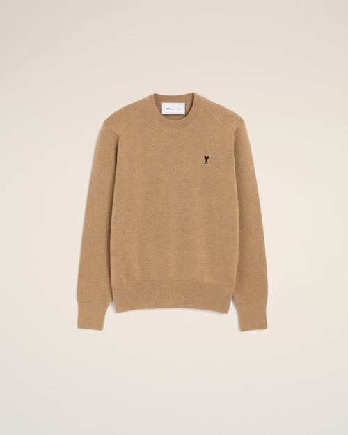 Brown crewneck wool sweater with Ami de Coeur - CAMEL CHINE/BLACK - Ami Paris