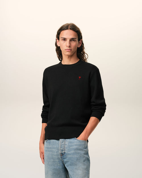 Black Wool Crewneck Sweater With Contrasted Ami De Coeur - 2 - Ami Paris