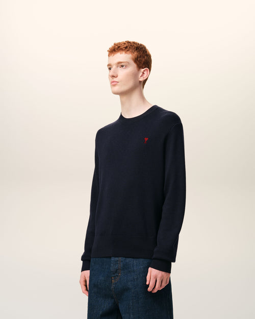Blue Wool Crewneck Sweater With Contrasted Ami De Coeur - Man - 6 - AMI Paris - Ami Paris