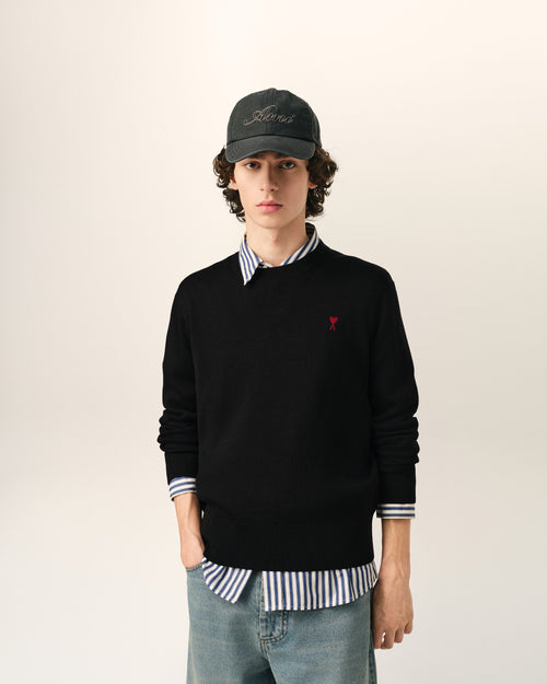 Black crewneck wool sweater with Ami de Coeur - Man - 2 - AMI Paris - Ami Paris