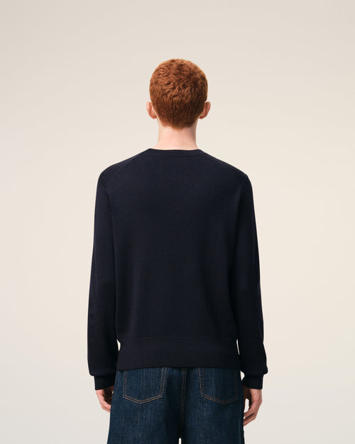 Blue Wool Crewneck Sweater With Contrasted Ami De Coeur - Man - 5 - AMI Paris - Ami Paris