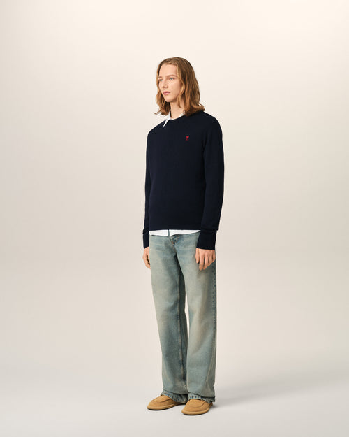 Blue crewneck wool sweater with Ami de Coeur - Man - 6 - AMI Paris - Ami Paris