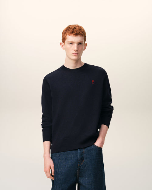 Blue Wool Crewneck Sweater With Contrasted Ami De Coeur - 1 - Ami Paris