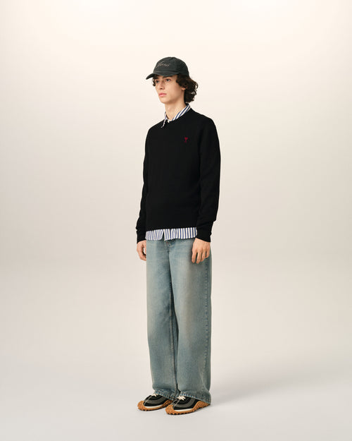 Black crewneck wool sweater with Ami de Coeur - Man - 5 - AMI Paris - Ami Paris
