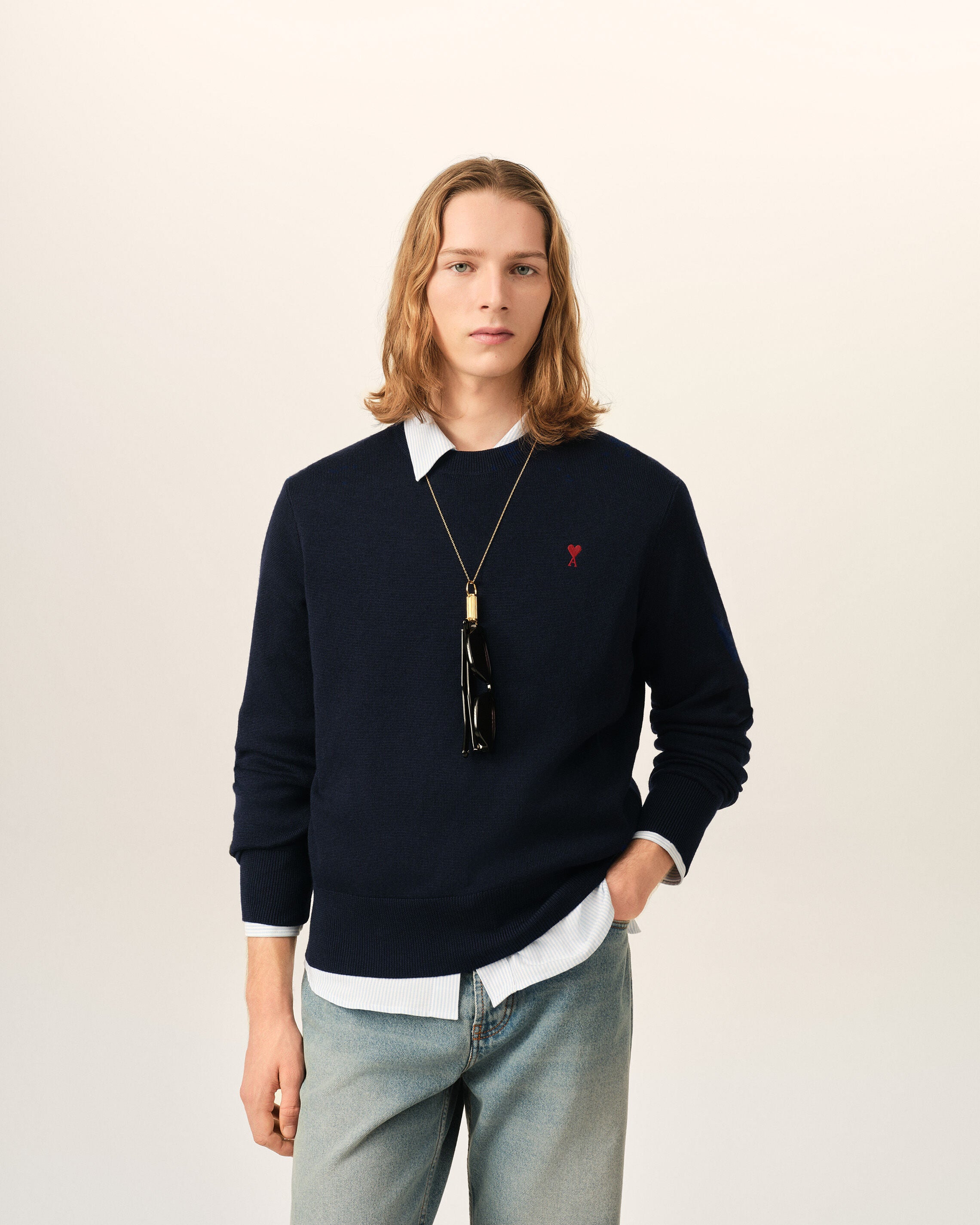 Blue crewneck wool sweater with Ami de Coeur - 2