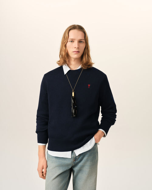 Blue crewneck wool sweater with Ami de Coeur - Man - 2 - AMI Paris - Ami Paris