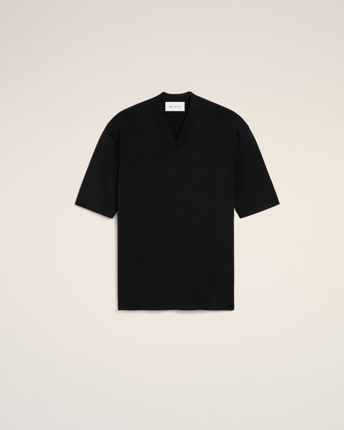 Black Wool Short Sleeves V Neck Sweater - 2 - Ami Paris
