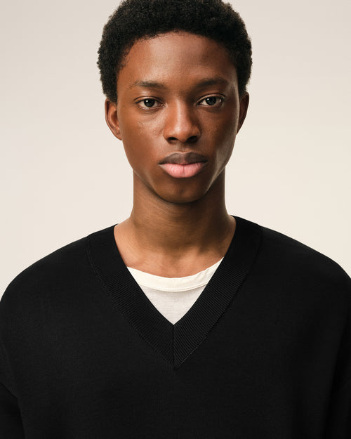 Black Wool Short Sleeves V Neck Sweater - Man - 4 - AMI Paris - Ami Paris