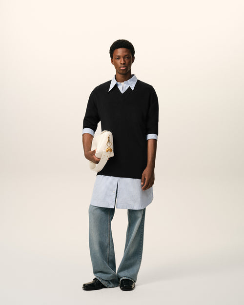 Black Wool Short Sleeves V Neck Sweater - 1 - Ami Paris