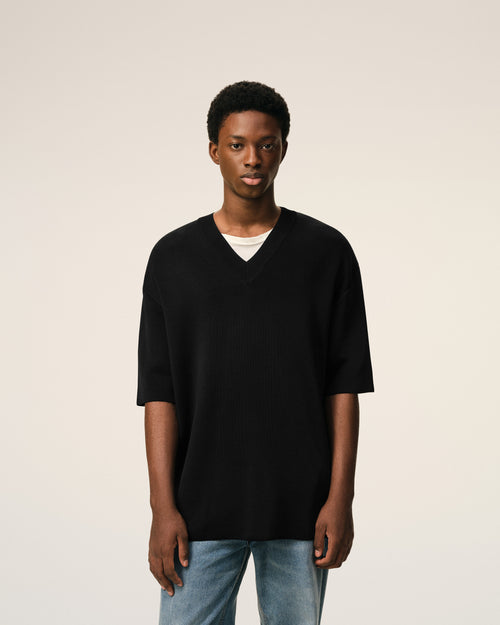 Pull Noir Col V Manches Courtes en Laine - Homme - 3 - AMI Paris - Ami Paris
