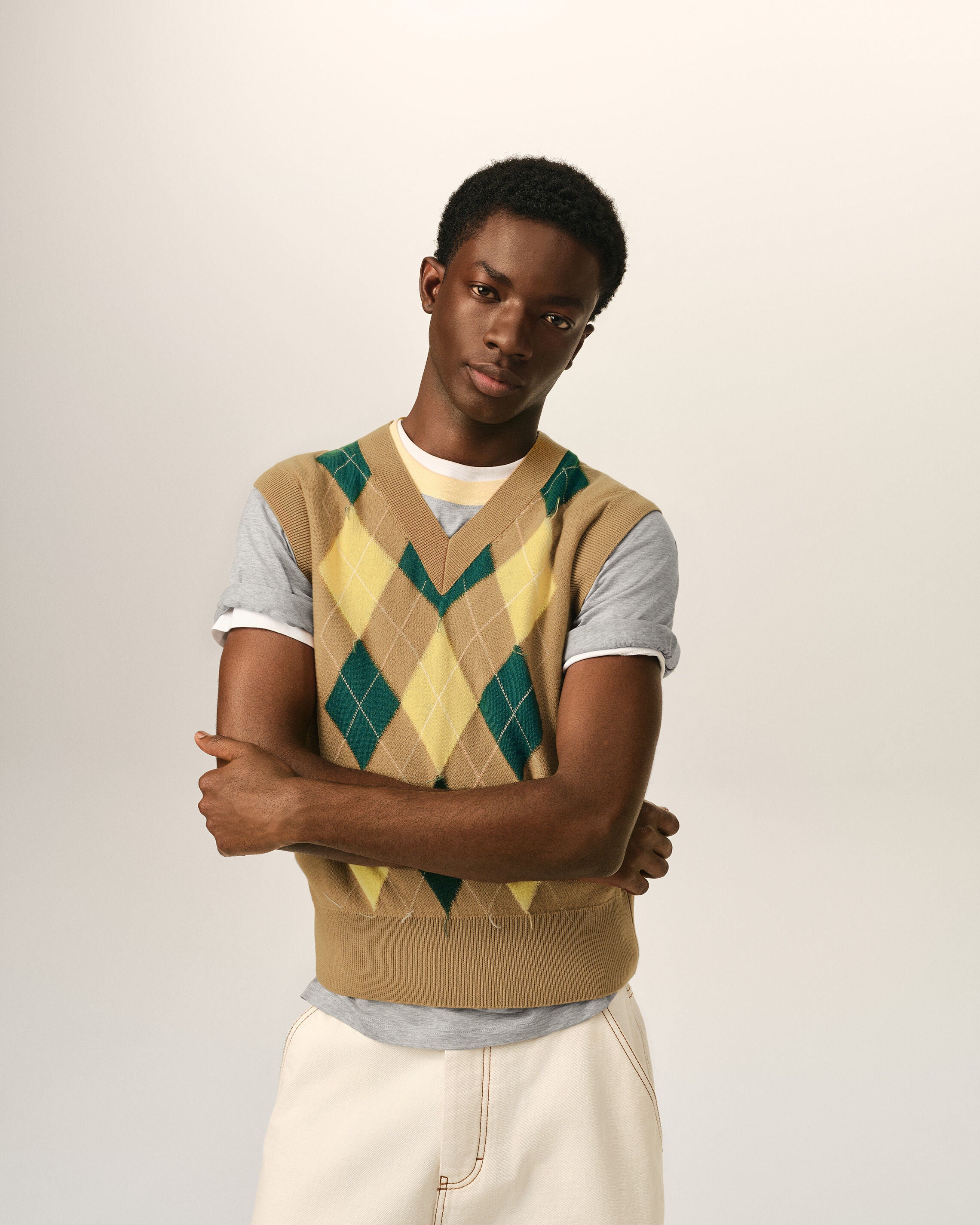 Brown Wool And Cotton Argyle Intarsia Sleeveless Sweater - 2