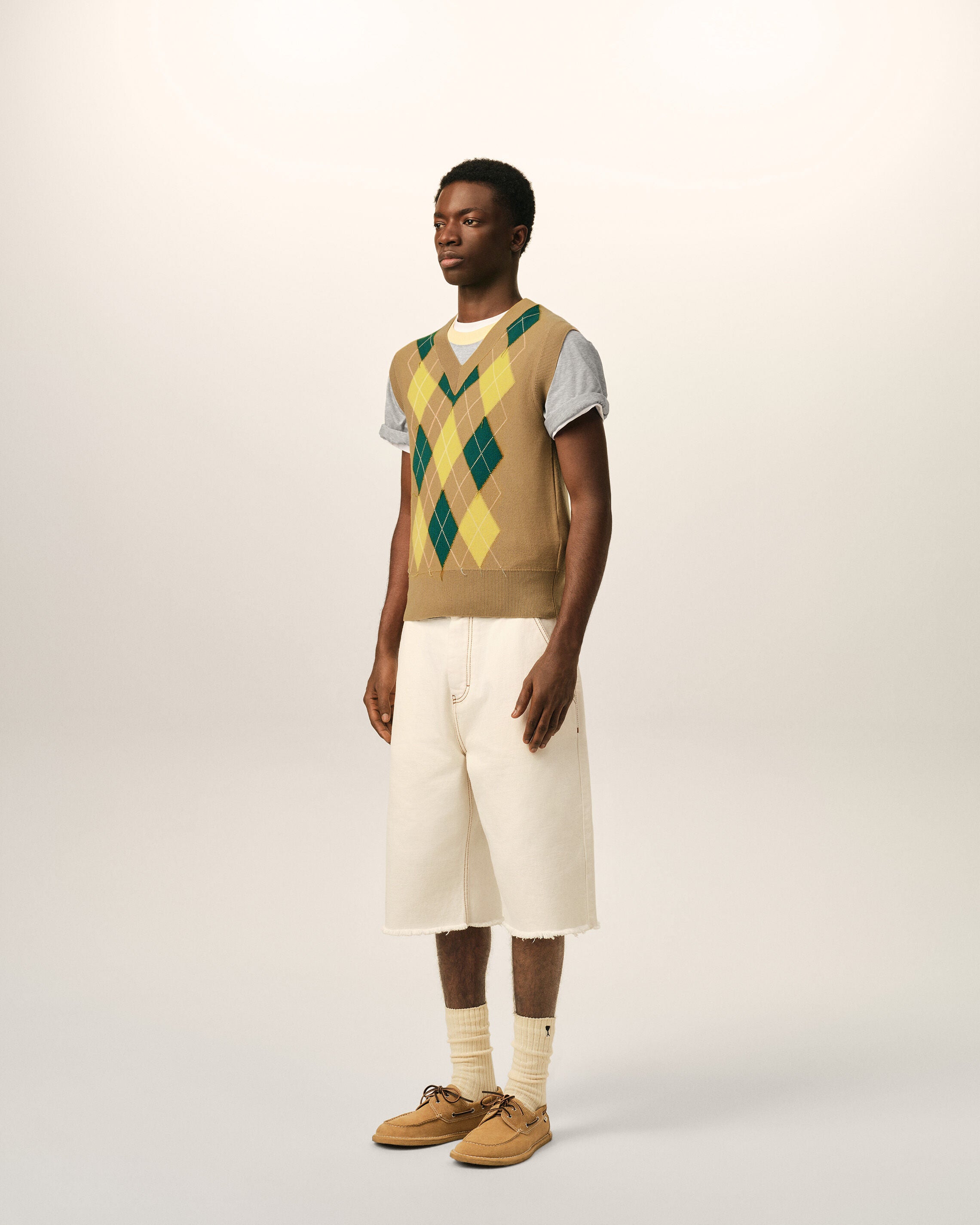Brown Wool And Cotton Argyle Intarsia Sleeveless Sweater - 6