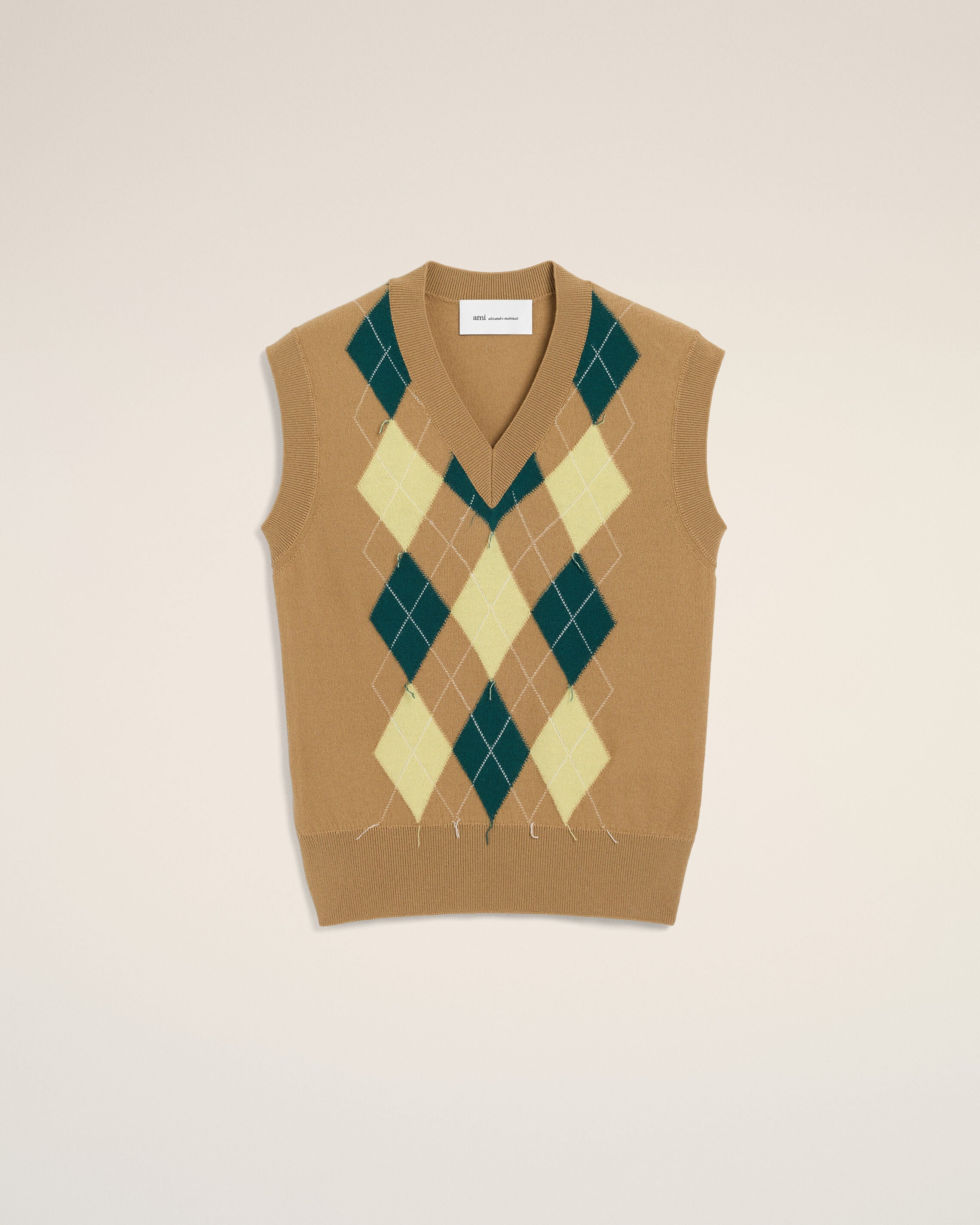Brown Wool And Cotton Argyle Intarsia Sleeveless Sweater - 1