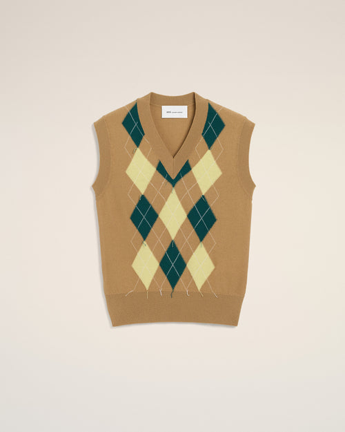 Brown Wool And Cotton Argyle Intarsia Sleeveless Sweater - 2 - Ami Paris