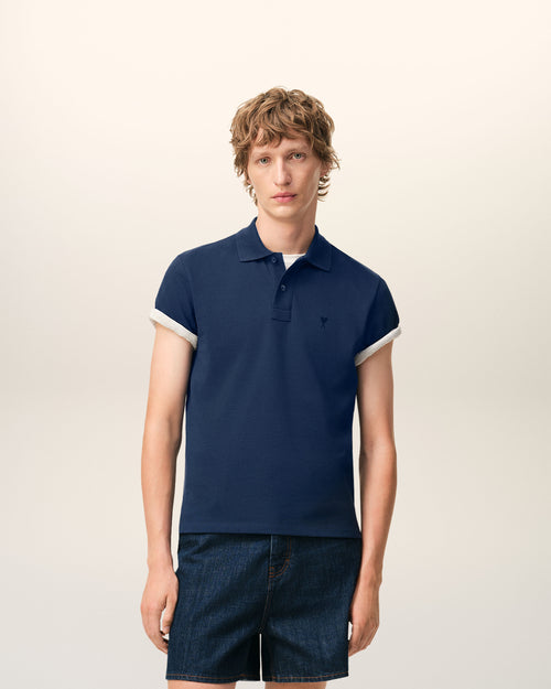 Blue Cotton Short Sleeves Ami De Coeur Polo Shirt - 1 - Ami Paris