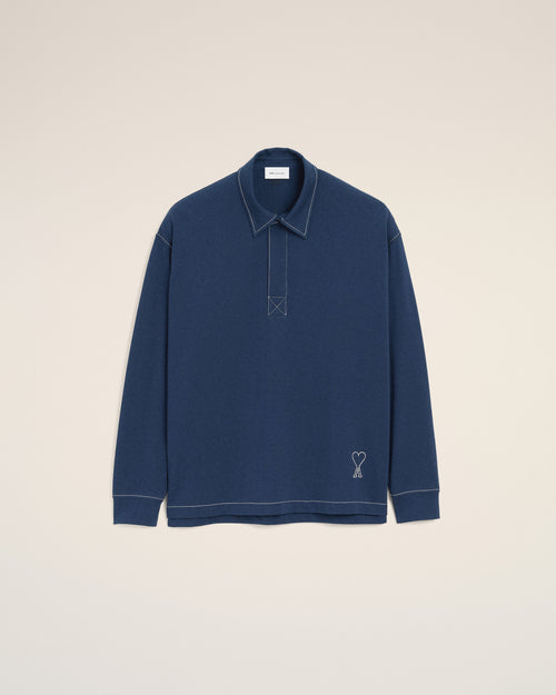 Blue Cotton Long Sleeves Ami De Coeur Polo - 1 - Ami Paris