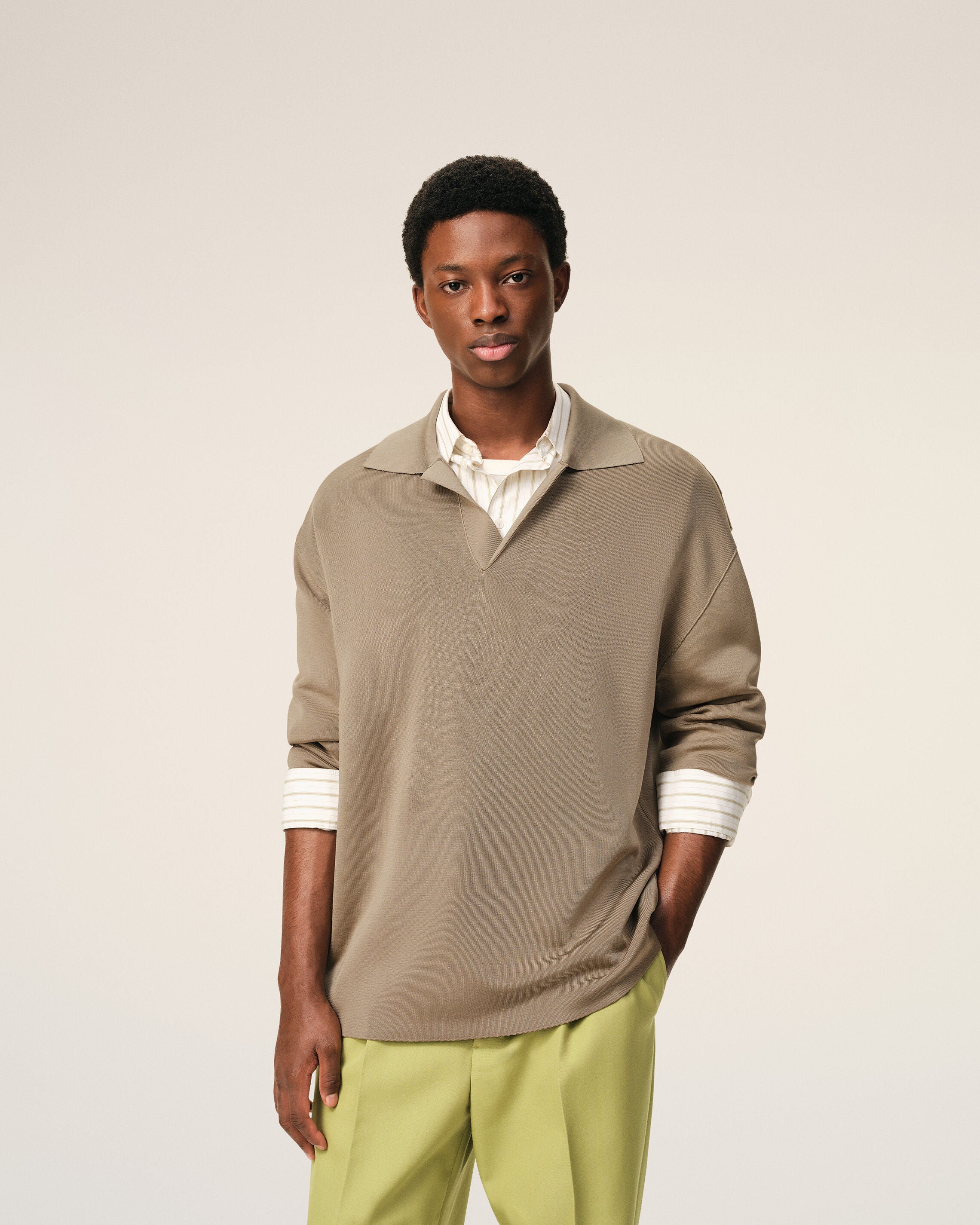 Beige Wool Long Sleeves Polo - 3