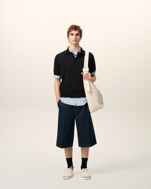 Black Wool Short Sleeves Ami De Coeur Polo - 2 - Ami Paris
