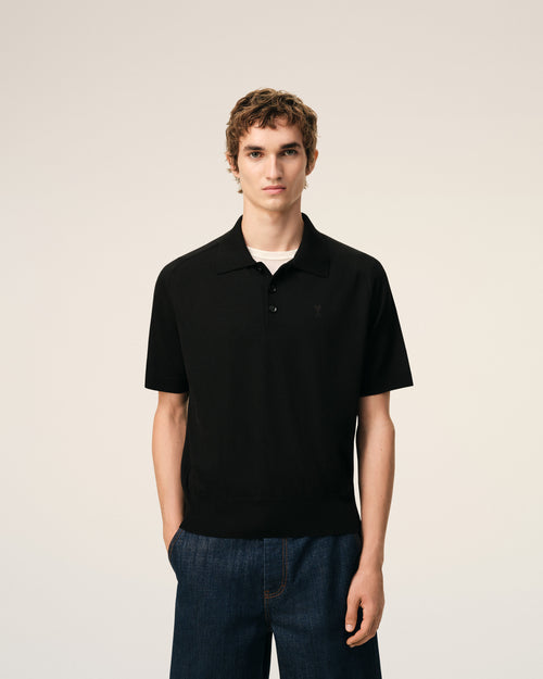 Black Wool Short Sleeves Ami De Coeur Polo - Man - 3 - AMI Paris - Ami Paris
