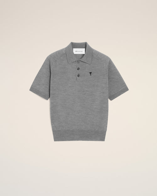 Grey Wool Short Sleeves Ami De Coeur Polo - 1 - Ami Paris