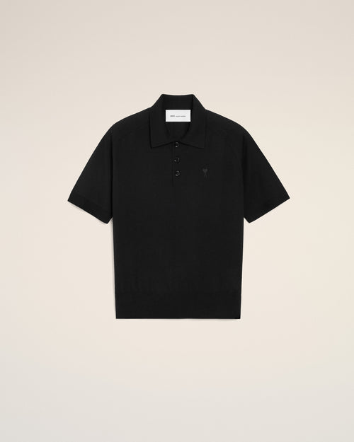 Black Wool Short Sleeves Ami De Coeur Polo - 2 - Ami Paris