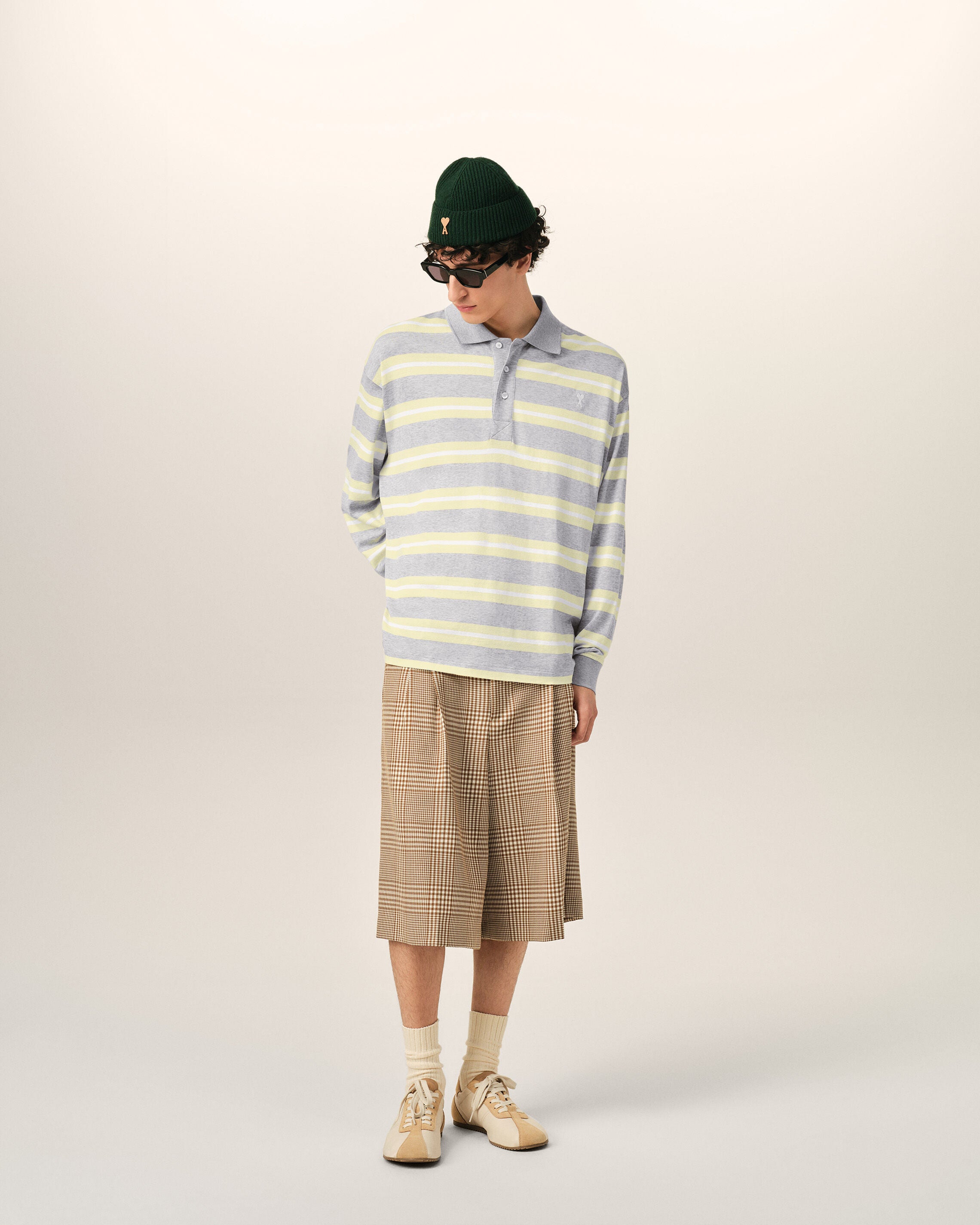 【Riya】AMIPARIS CHINESE GRAY/YELLOW/WHITE Grey And Yellow Strapped Cotton Polo