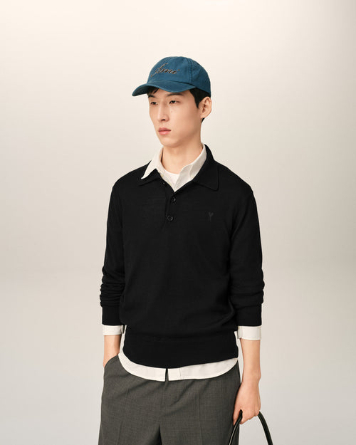 Black wool polo with Ami de Coeur - Man - 2 - AMI Paris - Ami Paris