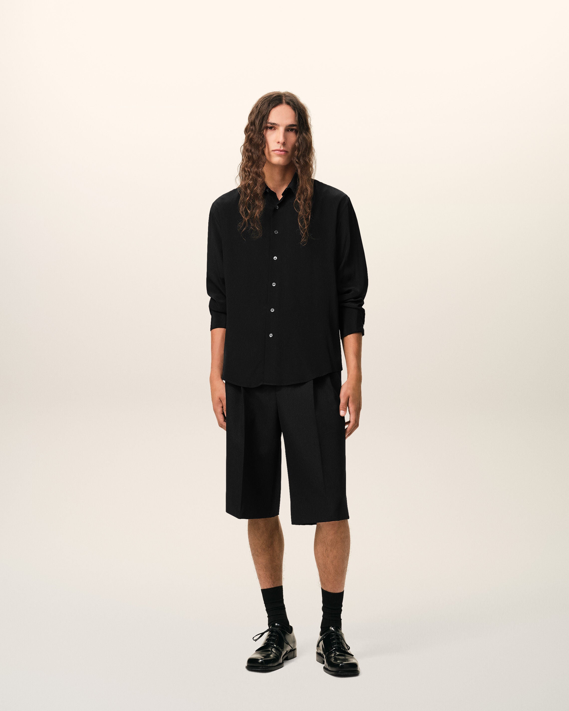 Black Blended Silk Sharp Collar Adjusted Shirt - 2