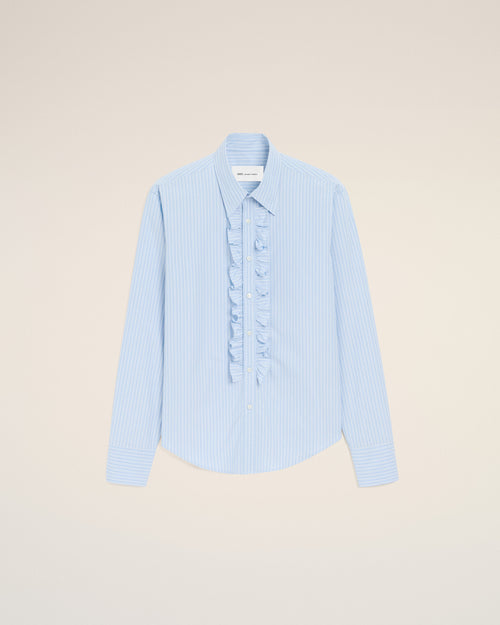 Chemise Jabot Bleu Ajustée Manches Longues en Coton - 1 - Ami Paris