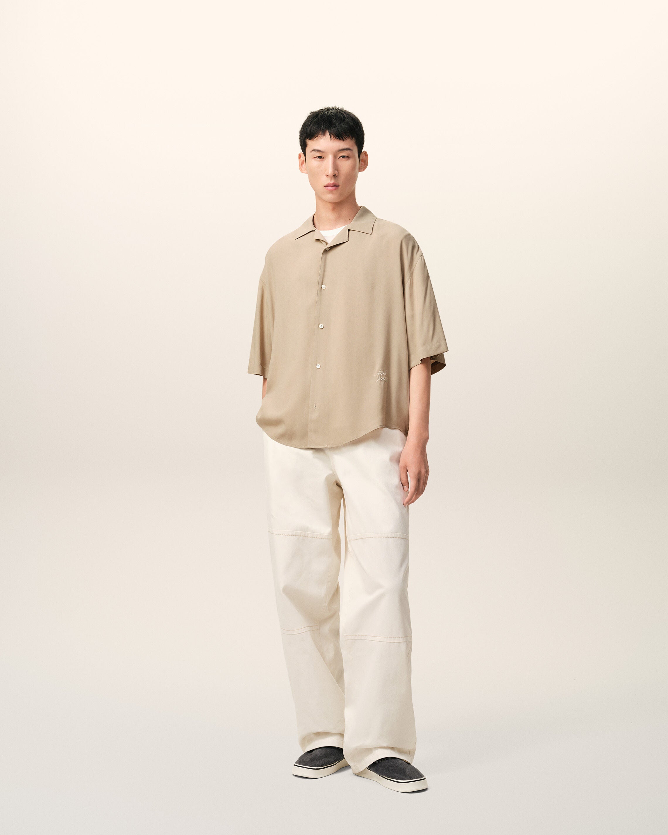 Beige Short Sleeve Embroidered Ami Paris Boxy Shirt - 2