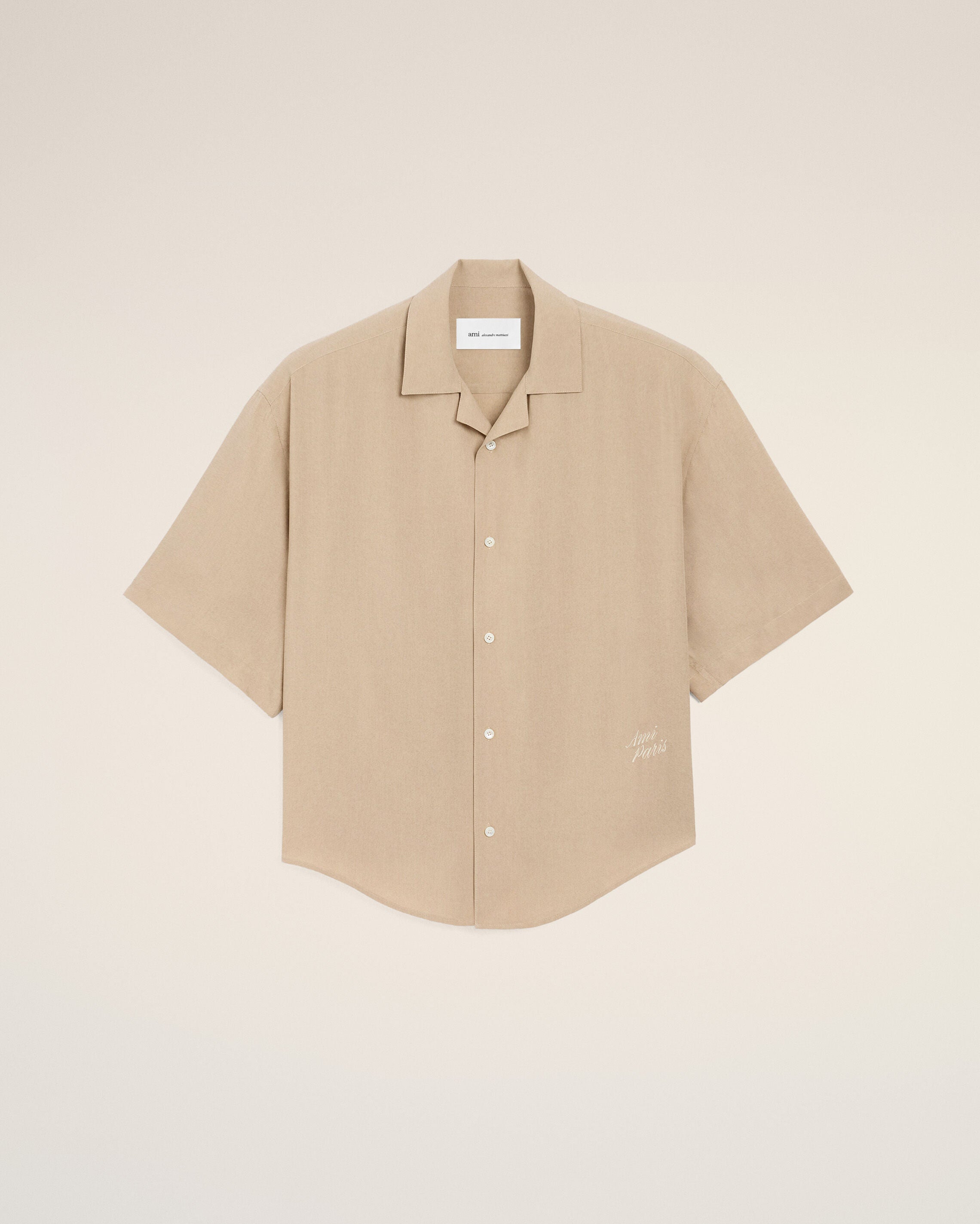 Beige Short Sleeve Embroidered Ami Paris Boxy Shirt - 1