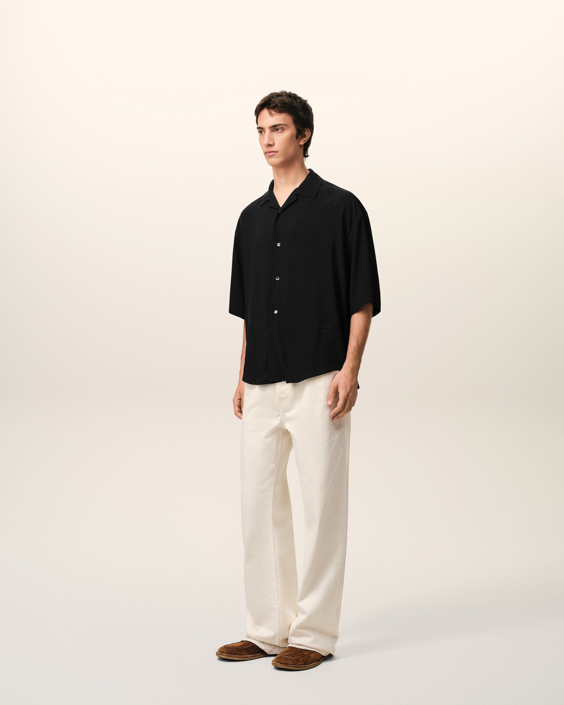 Black Short Sleeve Embroidered Ami Paris Boxy Shirt - 6