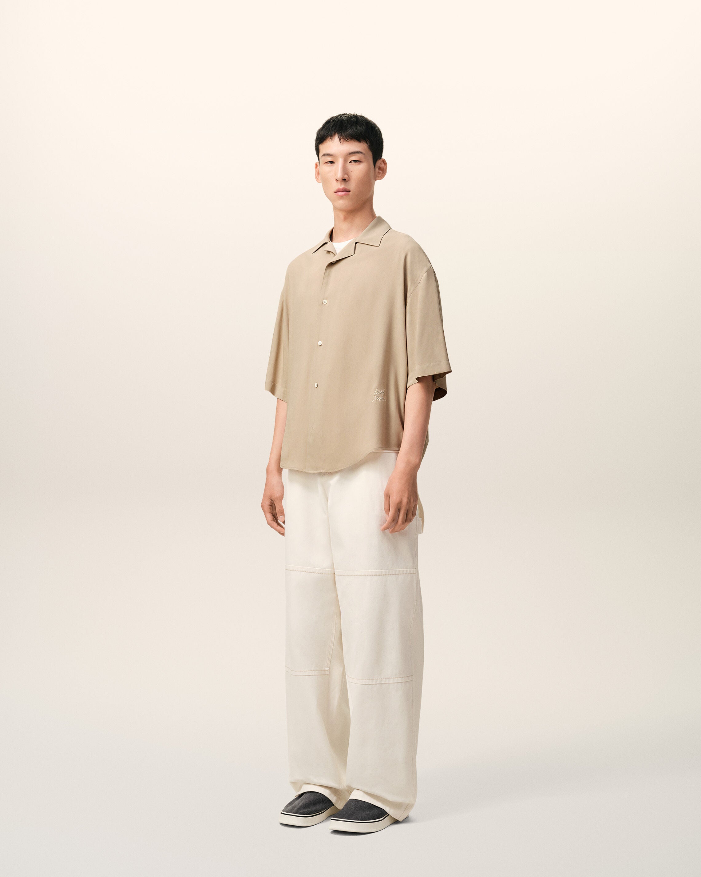 Beige Short Sleeve Embroidered Ami Paris Boxy Shirt - 6