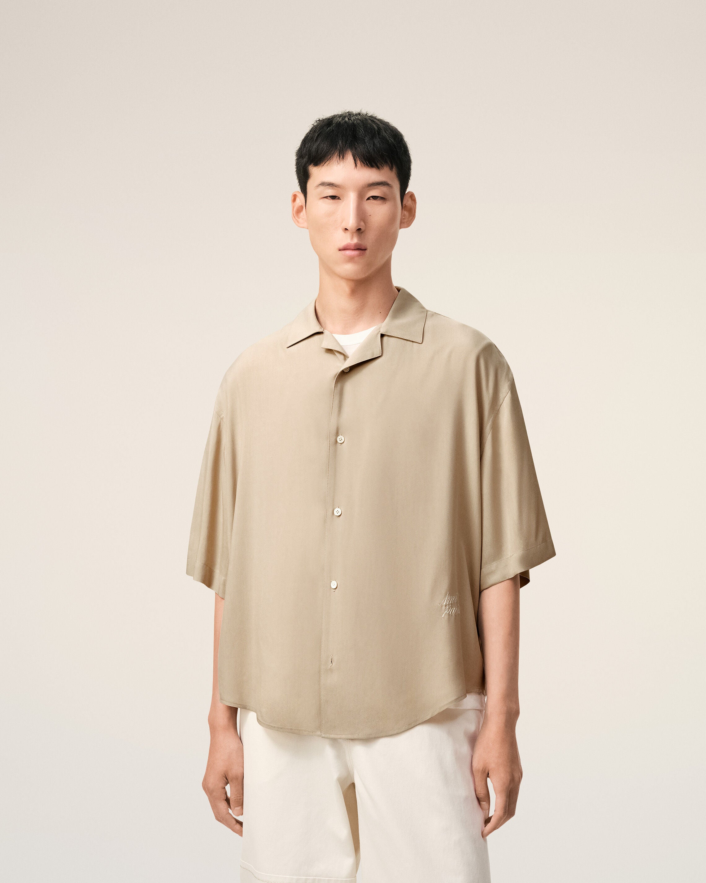 Beige Short Sleeve Embroidered Ami Paris Boxy Shirt - 3