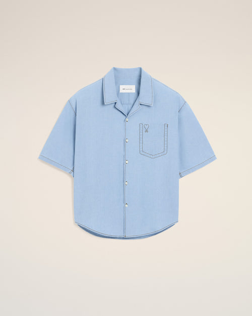Blue boxy cotton short-sleeve shirt with Ami de Coeur - 2 - Ami Paris