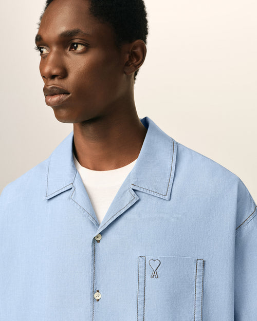 Blue boxy cotton short-sleeve shirt with Ami de Coeur - Man - 4 - AMI Paris - Ami Paris