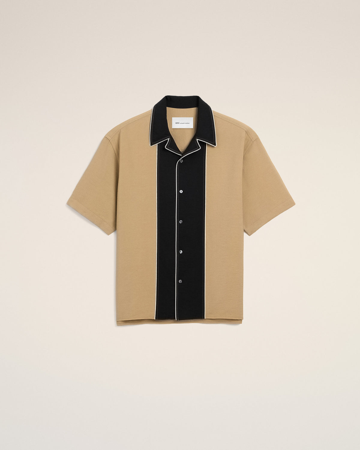 Beige boxy bicolor viscose twill short-sleeve shirt - 1