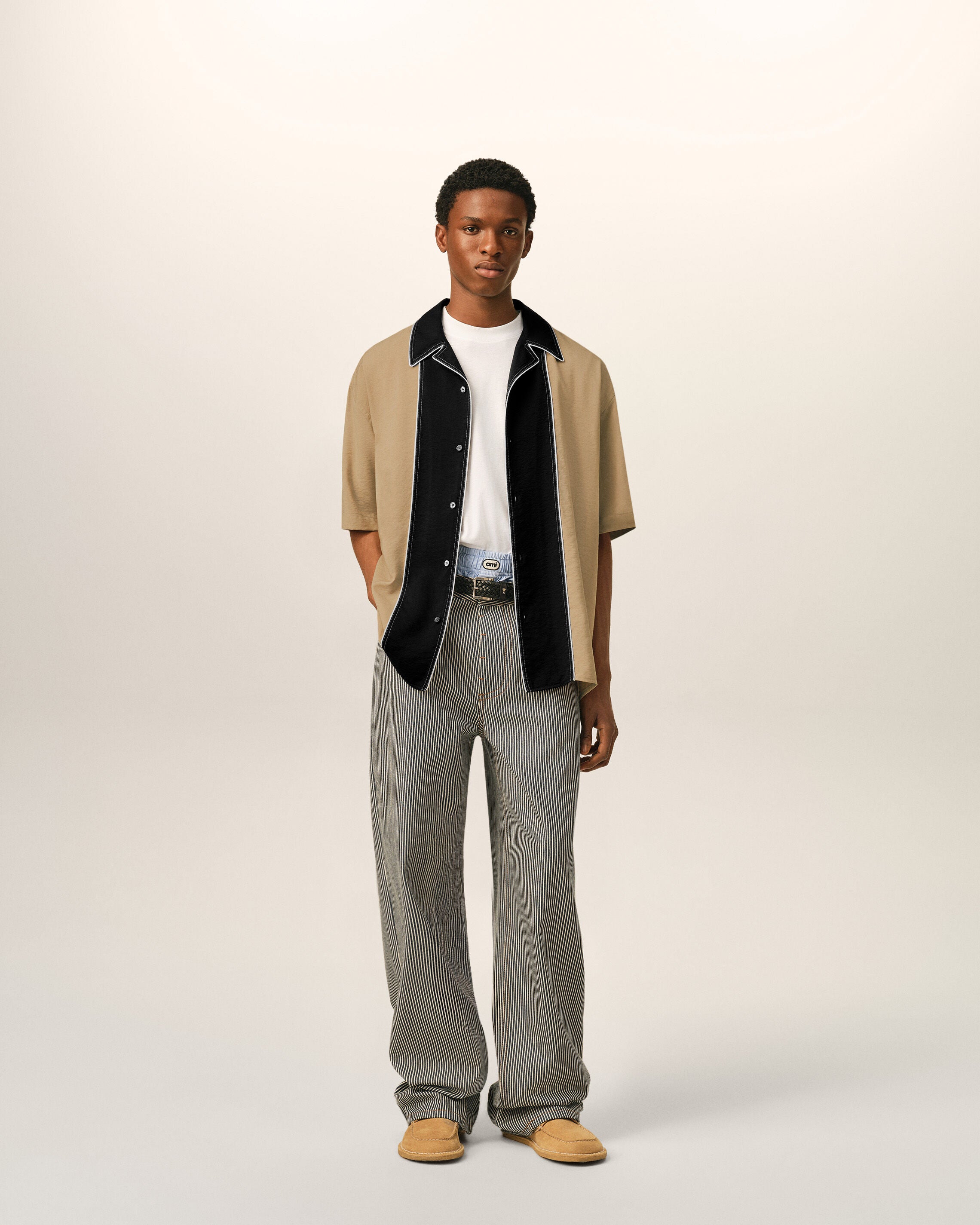 Chemise boxy bicolore beige en twill de viscose manches courtes - 3