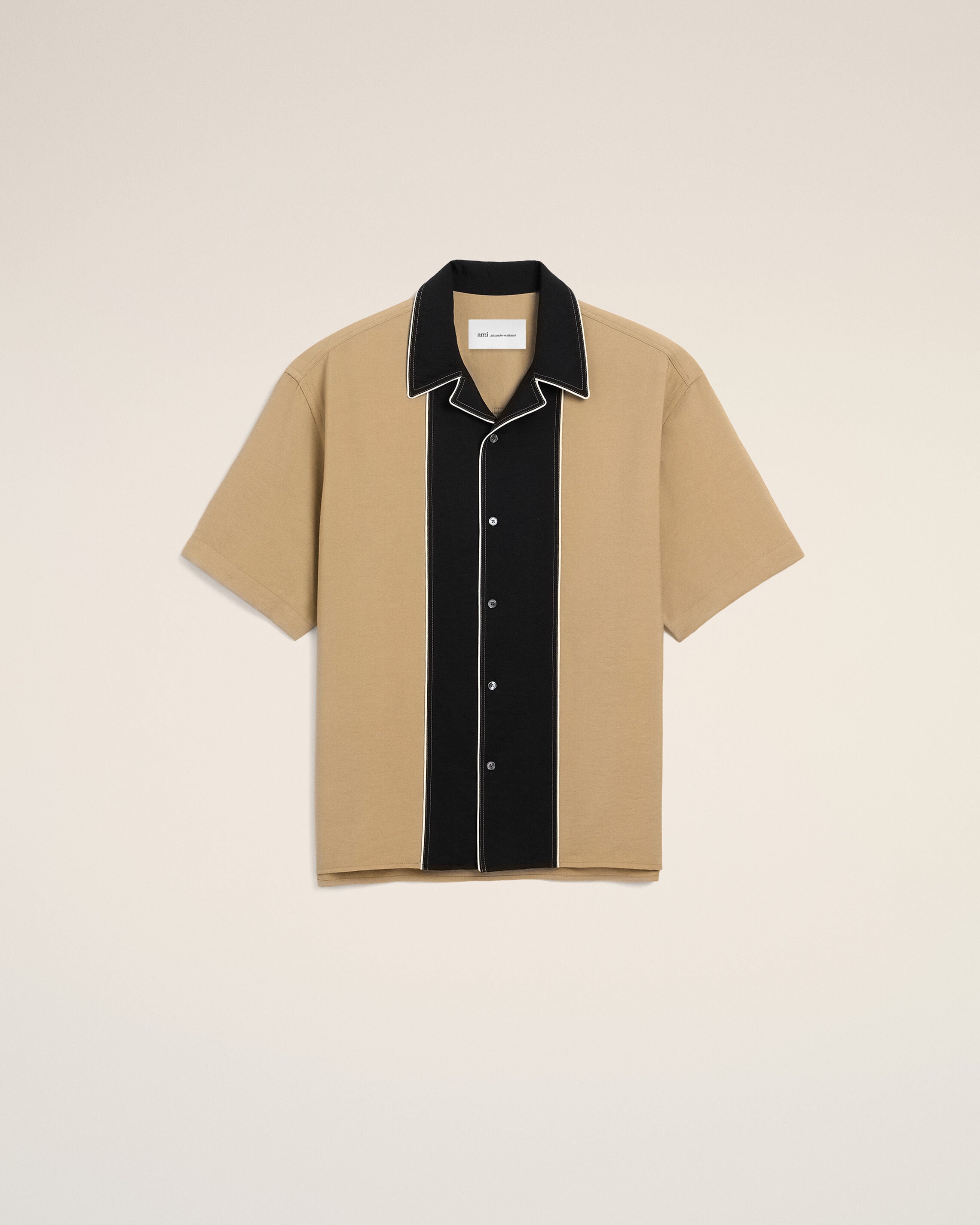 Chemise boxy bicolore beige en twill de viscose manches courtes - 1