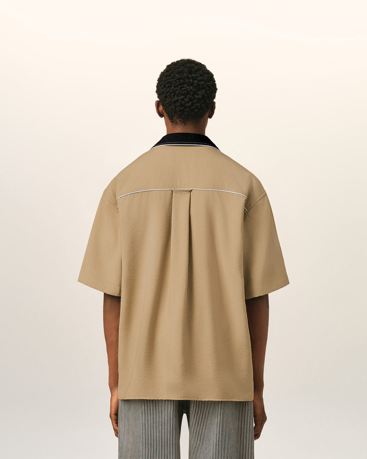 Beige boxy bicolor viscose twill short-sleeve shirt - 5