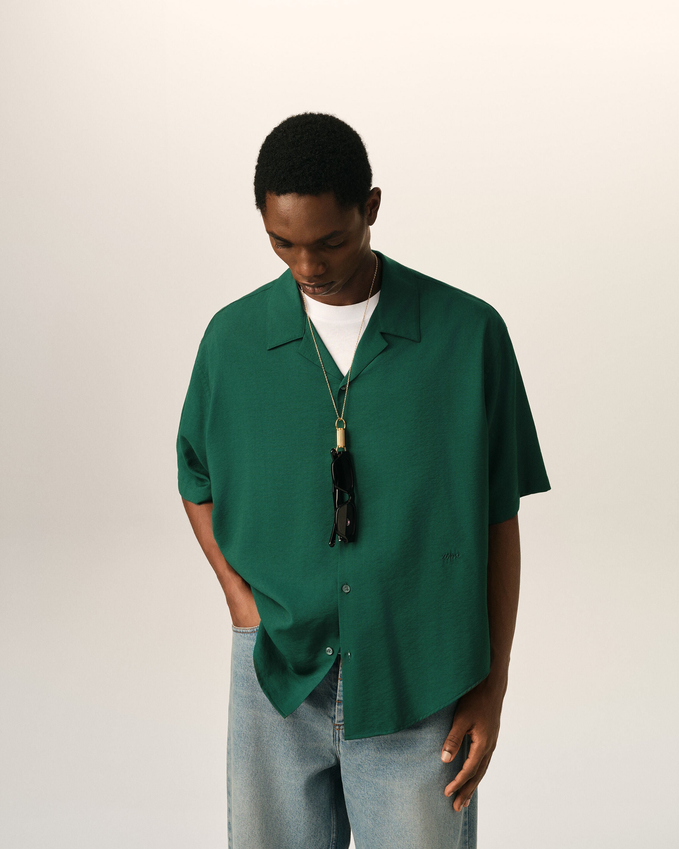 Green boxy viscose twill short-sleeve shirt - 2