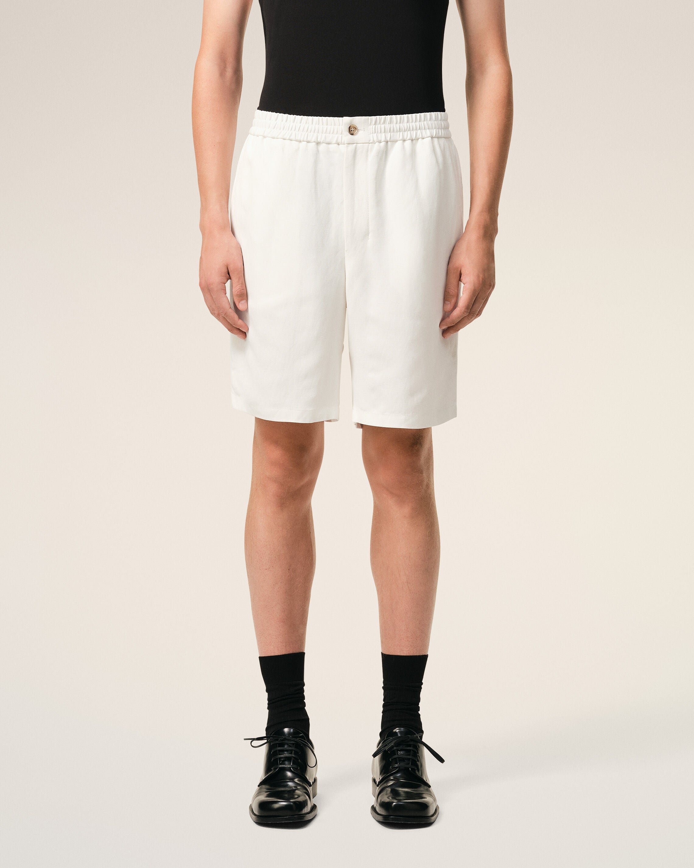 Beige Blended Linen Elasticated Waist Ami De Coeur Shorts - 3