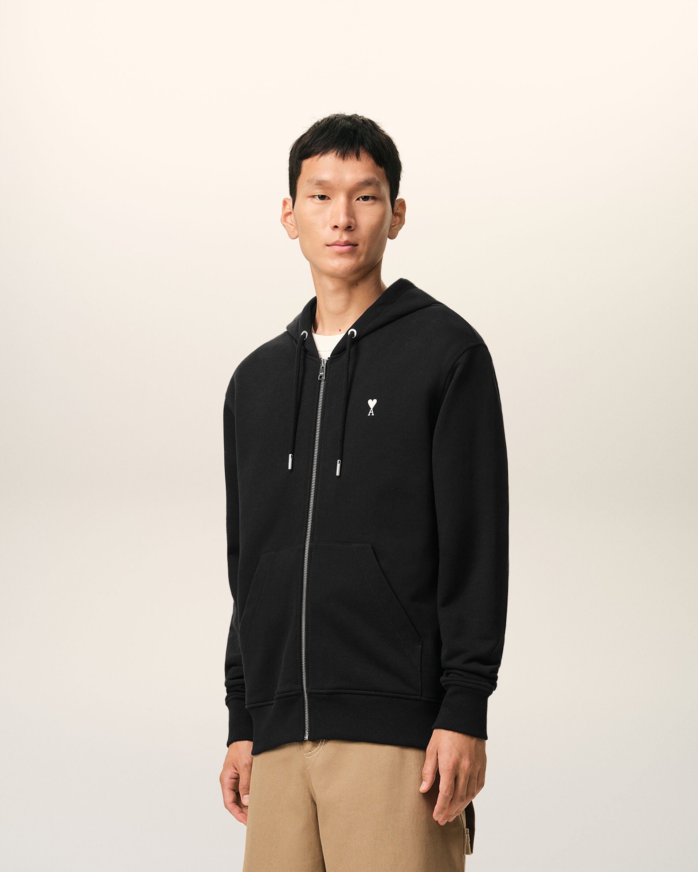 BLACK/WHITE CREAM Black Cotton Ami De Coeur Zipped Hoodie | Ami Paris